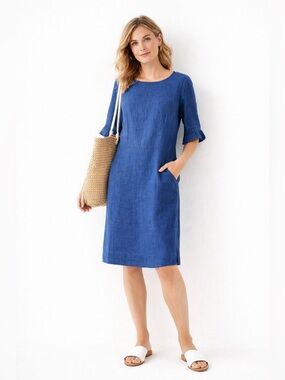 Boden 100% Linen Blue Shift Dress Pockets Coastal Chic Preppy Luxury Size 4